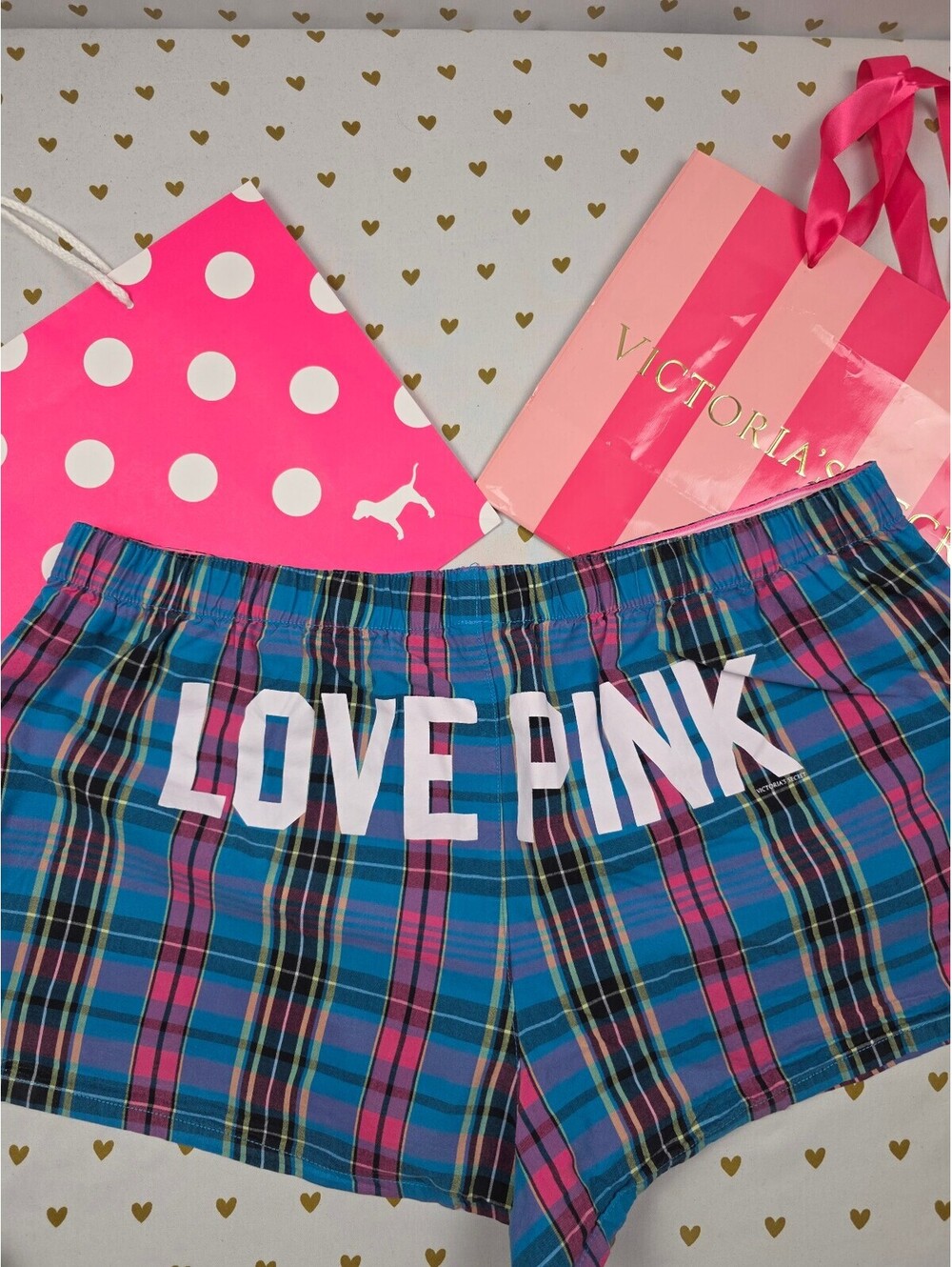 Victorias Secret PINK Vintage Plaid Logo butt Sleep Shorts Boxers Pajama Bottoms
